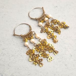 Yellow n Pearl Style Long Earrings, Hoops